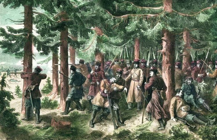 Kolorowa rycina XIX-wieczna — powstańcy styczniowi w lesie