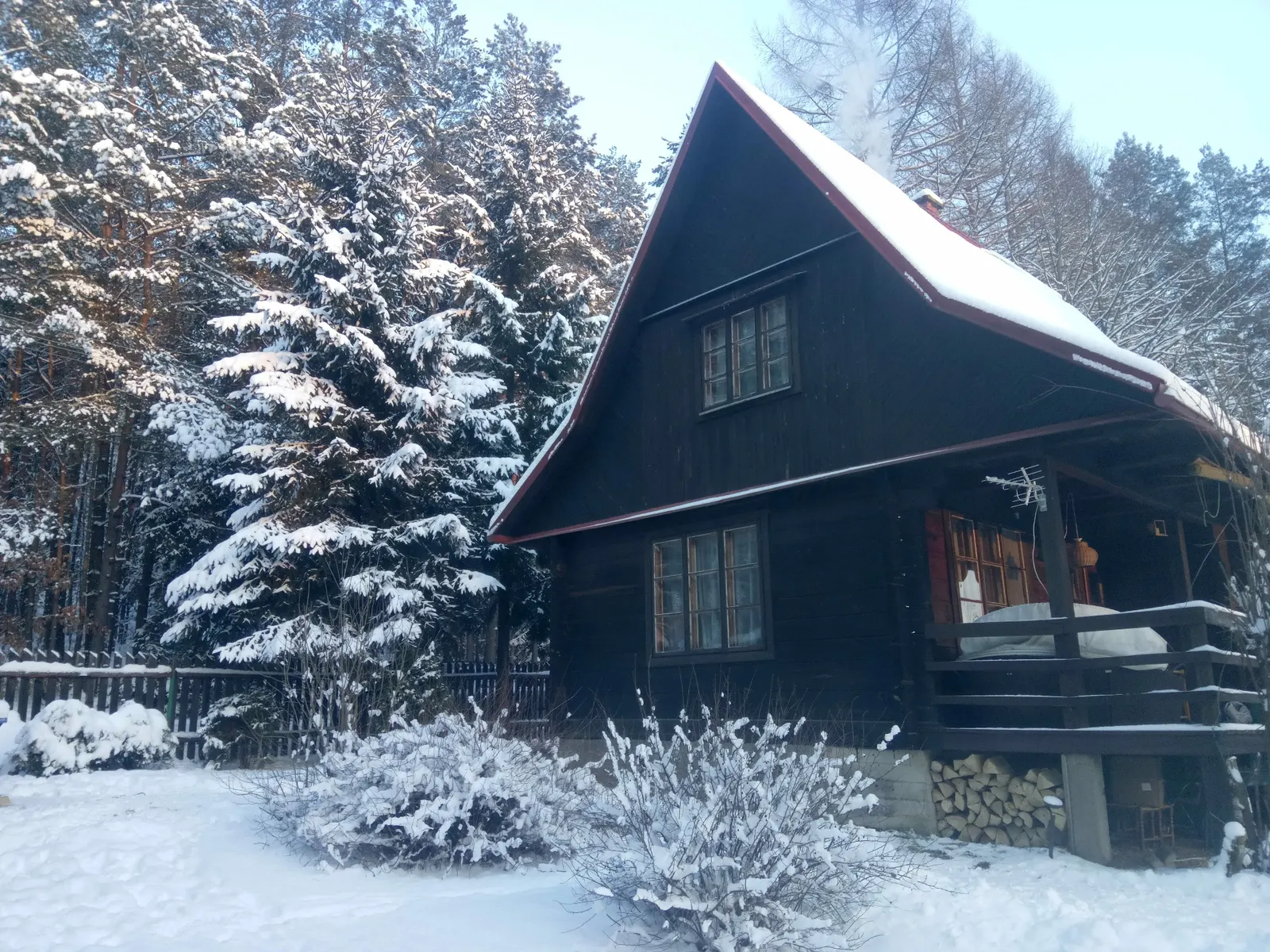 Domek z kominkiem w lesie zimą — leśny dom na wynajem w Puszczy Knyszyńskiej